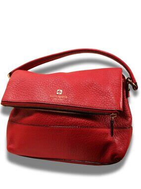Kate Spade New York Red Pebbled Leather Shoulder Bag Top Zip Stripe Lining